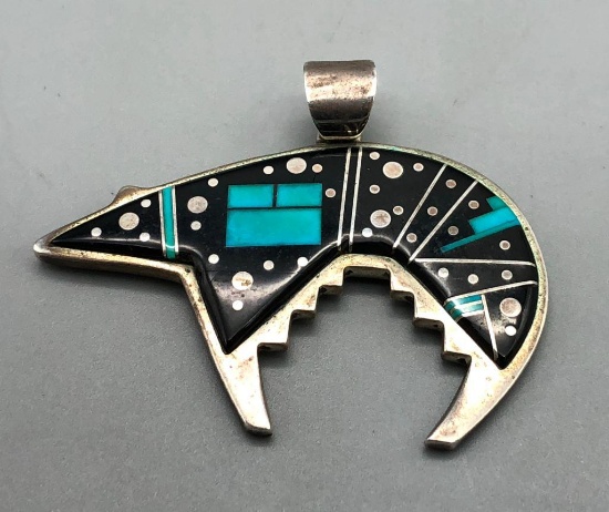 Jet and Turquoise Inlay Pendant by Calvin Begay