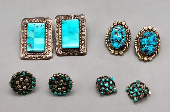 Four Pair Turquoise and Sterling Silver Earrings