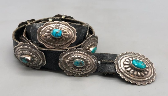 Vintage Turquoise and Sterling Silver Concho Belt