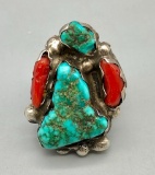 Vintage Turquoise & Coral Ring Attributed to Simplicio (Dan or Simplicio Family)