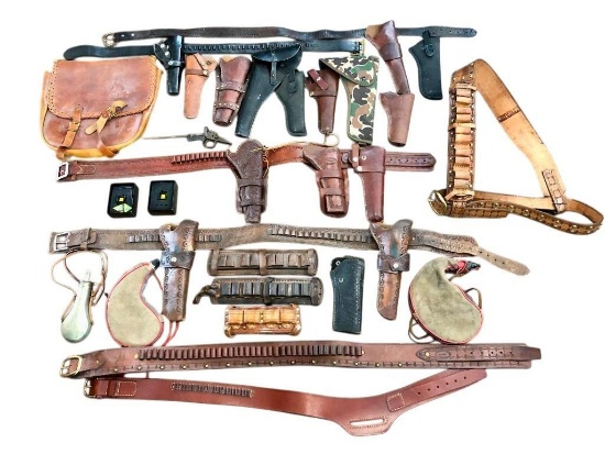 Group Of Holsters, Powder Flask, Leather Saddle Bag, Etc.