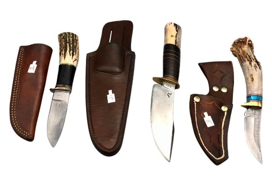 Group Of Three Handmade Knives With Stag Handles