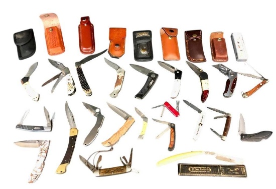 Group Of Twenty Miscellaneous Knives A Multitool and Straight Razor