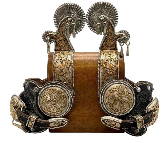 Extra Fancy Tom Mix Style 14K Gold And Sterling Silver Accented Parade Spurs