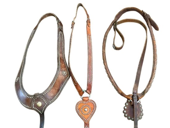Three Vintage Brown Studded Breast Collars