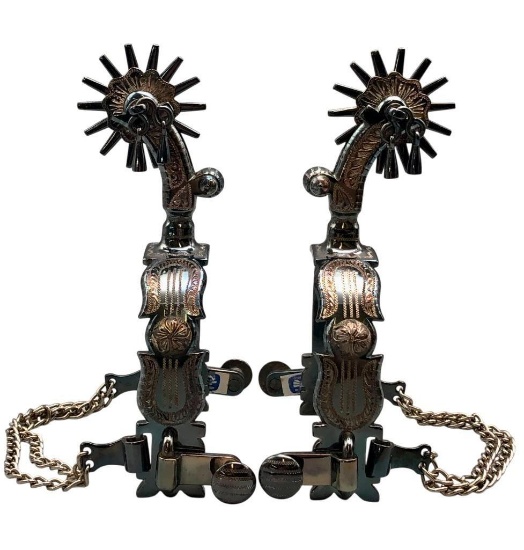 E. Garcia Double Horse Shoe Pattern Inlay Spurs