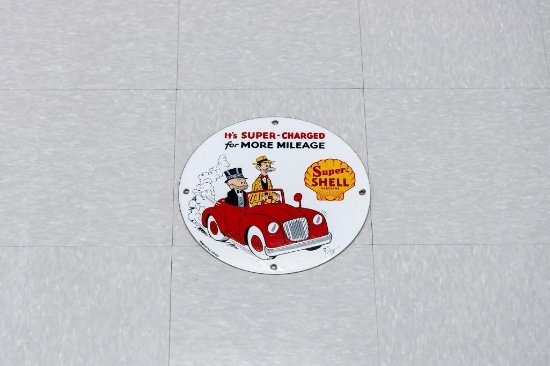 Vintage Super Shell Gasoline Mutt and Jeff Gas Pump Porcelain Sign