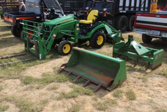 John Deere 1026R Tractor, Bucket, Box Scrape, Tiller, and Forks