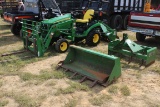 John Deere 1026R Tractor, Bucket, Box Scrape, Tiller, and Forks