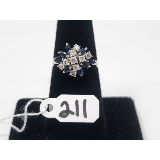 3.5g 14k White Gold/Saphire and Diamond Size 6 1/2