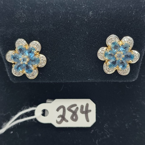 3.6g 14k Yellow Gold/Blue Topaz and Diamond Earrings