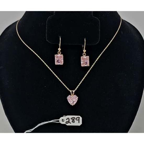 7.8g 14k Yellow Gold/Pink Ice Earrings, Necklace, and Pendant