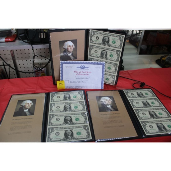 3 - uncut sheets of one dollar bills with gift boxes