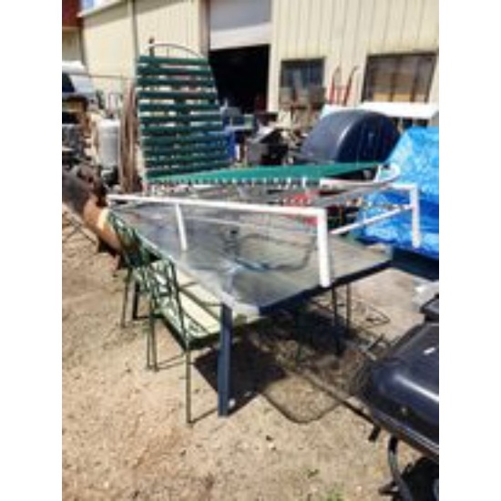 Glass Top Patio Table, 4 Metal Frame Chairs, and a Lounge Chair