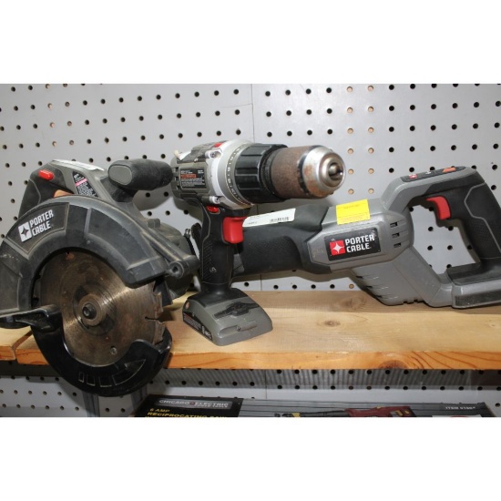Porter Cable Circular Saw, Drill, and Sawzall.