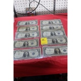 10 - silver certificate one dollar bills (2 are star notes)