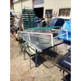 Glass Top Patio Table, 4 Metal Frame Chairs, and a Lounge Chair