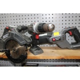 Porter Cable Circular Saw, Drill, and Sawzall.