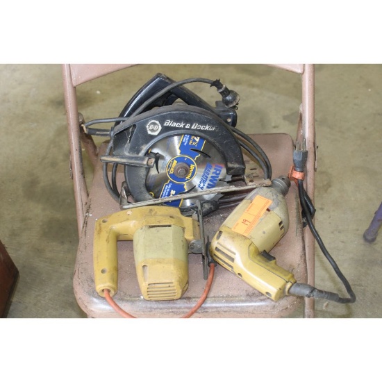 Angle drill, circular Skil saw, and jigsaw