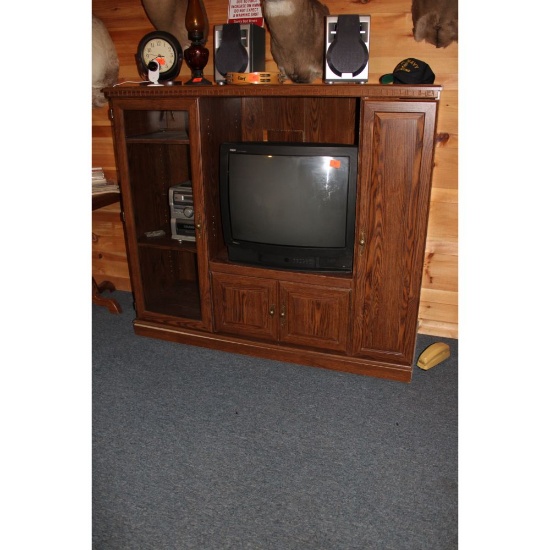 TV stand; TV and stereo with speakers