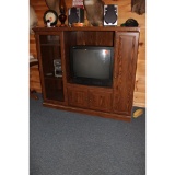 TV stand; TV and stereo with speakers