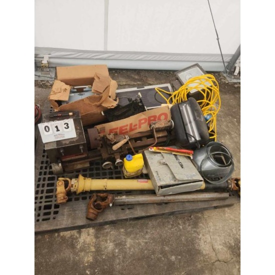 Pallet with Metal Lathe, PTO Driveshafts, and Misc. Shop Items