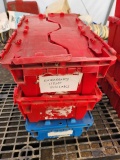 Three Totes of Door Knobs and Emergency Light Frames