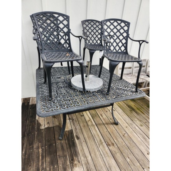 Patio Table, Four Chairs, and Umberella Stand