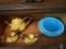 Fenton blue glass dish, teapot with creamer and sugar (chip in rim of tea pot), other blue glass