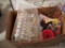 Sewing thread, deviled egg tray, metal coffee cup holders, amber dishes, Handi Gripper