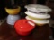 Halls crock bowl, covered dish, mixing bowl, (3) Pyrex covered dishes
