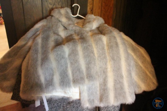 Ladies size 16 faux fur coat, Hawaiian shirt, other coats, fur stole, and handbags