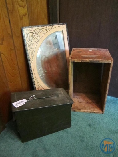Remington Express crate, metal ammo can, and wood framed mirror