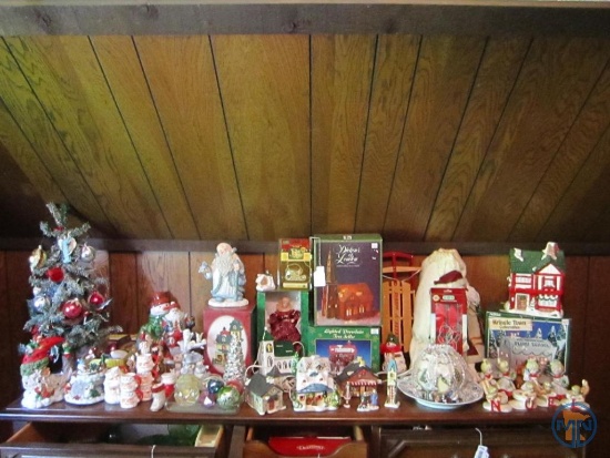 Christmas decorations: Santas, houses, Noel candle holders, ornaments, snowmen, kissing angles