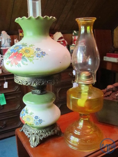 Yellow tinted oil lamp and electric lamp