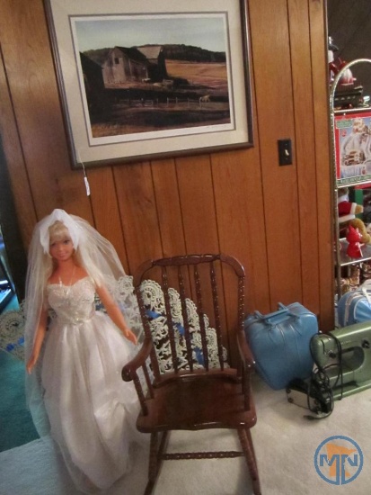 Framed and matted barn scene picture, child's wood rocking chair, life size doll, and plastic fan