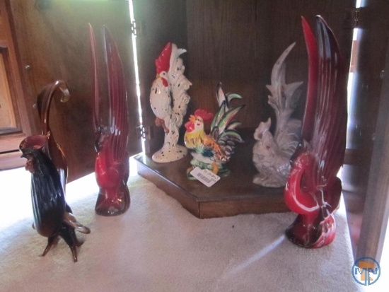 (6) chicken figurines, one is blown glass