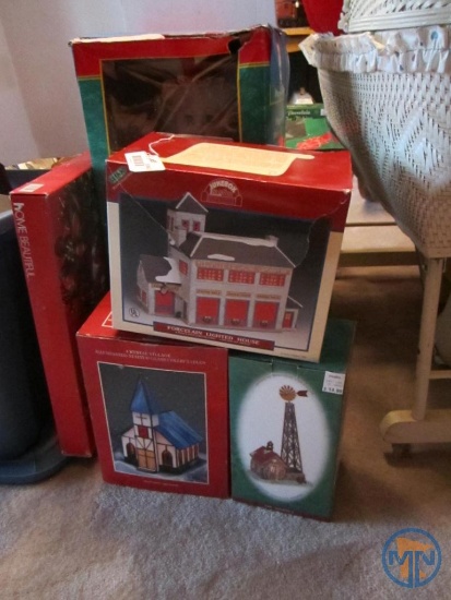 Christmas decorations: animated Mrs. Claus, Jukebox Junction house, glass platter, stained glass