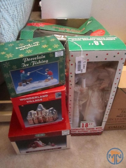 Christmas Decorations: animated figures, porcelain ice fishing, Wonderland Village, and fun on the