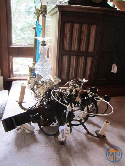 Hanging metal light fixtures, (2) lamps, and blue glass vase