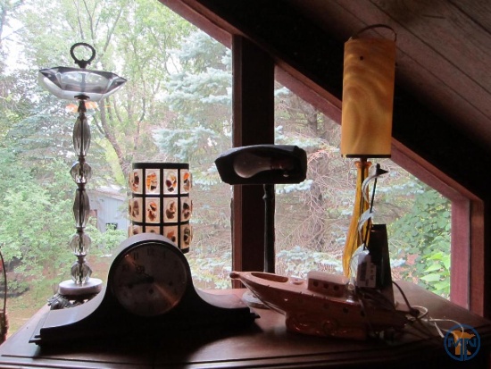 Elgin mantle clock, cast iron desk lamp, boat TV lamp, (2) other lamps, and ashtray