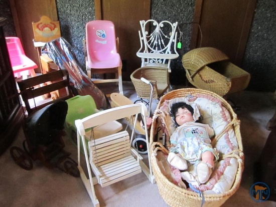 Doll furniture, woven basket, wicker high chair, wicker pram