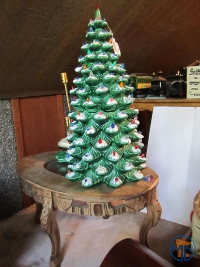 29"h ceramic lighted Christmas tree with base and wood table