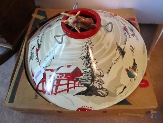 Vintage Coloramic snow scene Christmas tree stand; and rubber reindeer