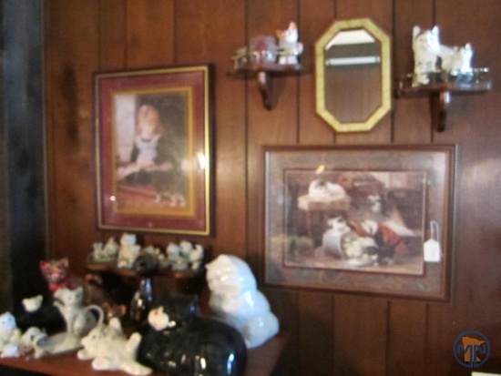 Cat figurines, 2 framed cat pictures, shelves and mirror
