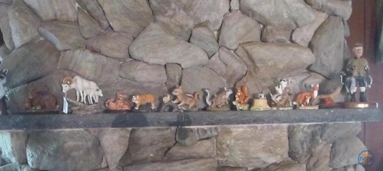 Wildlife animal figurines and hunter, tallest is 12"