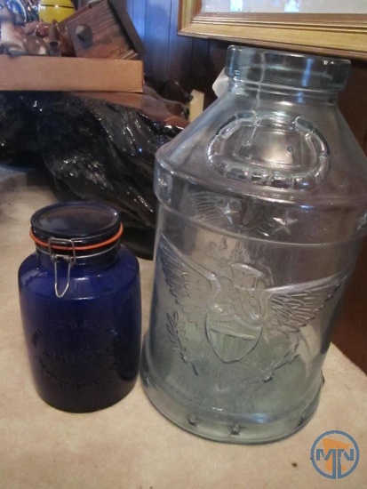 5-gallon Eagle glass jar and 4 qt. Aunt Mary's blue glass canister (made in Italy)