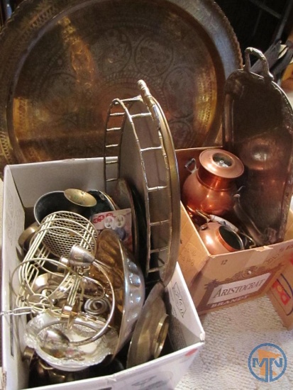 Metal items: brass pineapple dish, bird cage, Daher dishes, copper percolator, copper tea kettle
