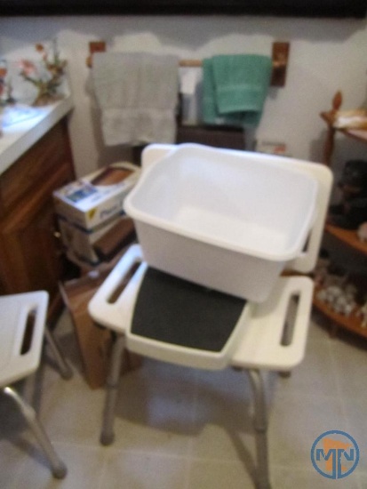 Mini vinyl blinds, shower chair, shower stool, William Powers bathroom scale