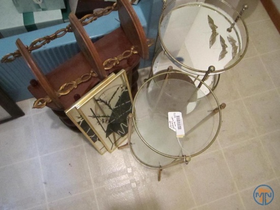 (2) metal and glass shelves, wall hanging shelves, (4) framed wall art, brass butterflies and birds
